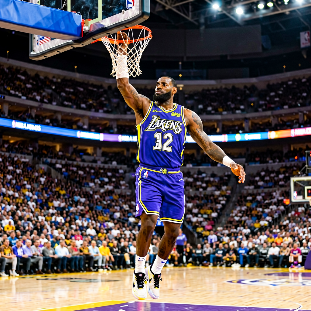 NBA球星勒布朗·詹姆斯比赛中的经典扣篮瞬间，代表百度体育球员资料内容